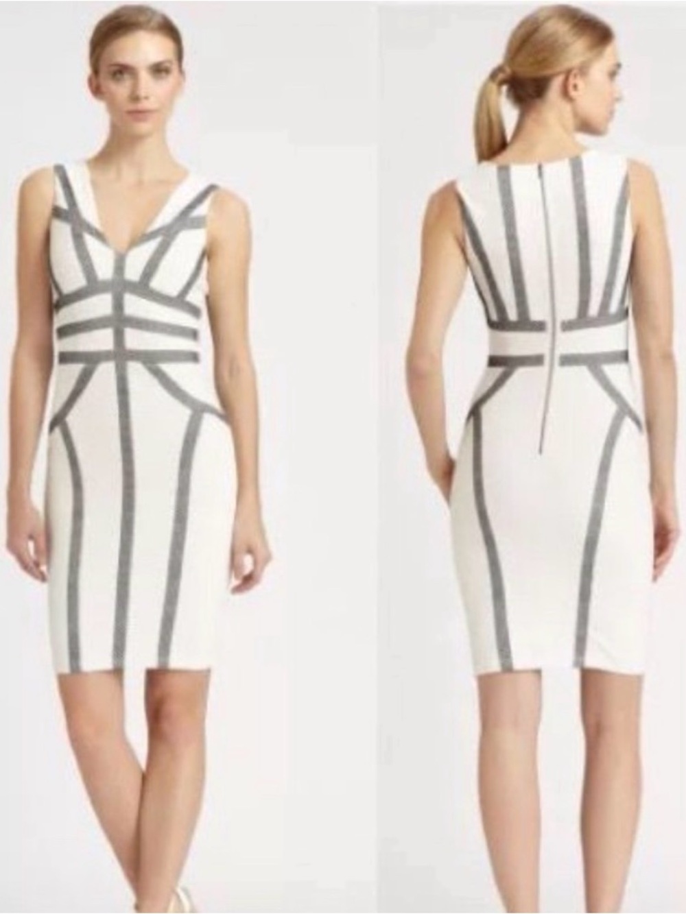 BCBGMaxAzria Ivory Sheath Dress with Black Lace Trim